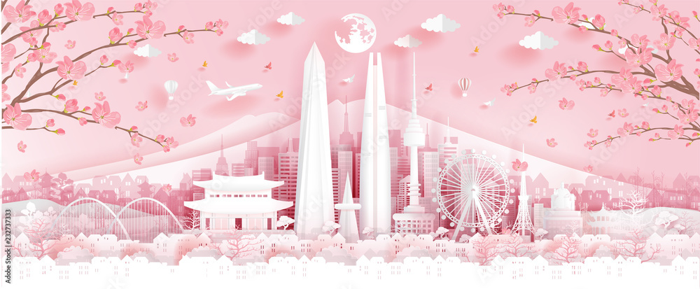 Φωτογραφία Panorama travel postcard, poster, tour advertising of world famous landmarks of Korea, autumn season with falling flowers in paper cut style