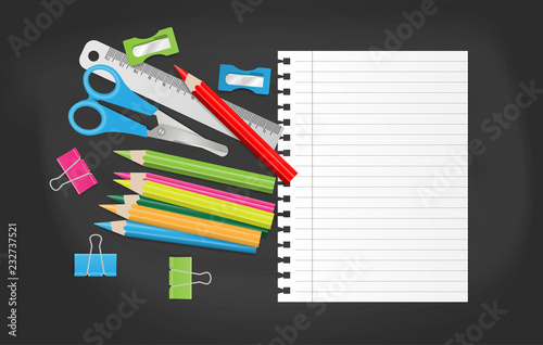 Blank note paper with school supplies on chalkboard. Vector illustration