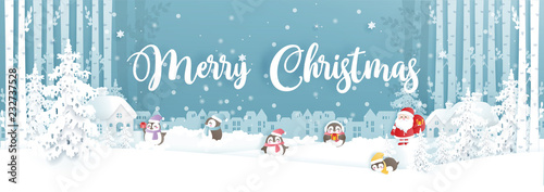 Panorama of Christmas card with Santa claus and cute penguins family in a snow forest. New year celebration. Vector illustration