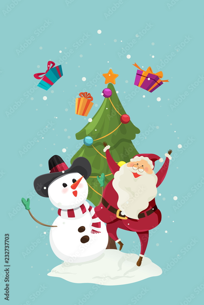 Merry Christmas santa claus with snowman joyful laughing jumping on tree background. illustration vector Merry Christmas santa claus with snowman joyful laughing jumping on tree background. illustration vector