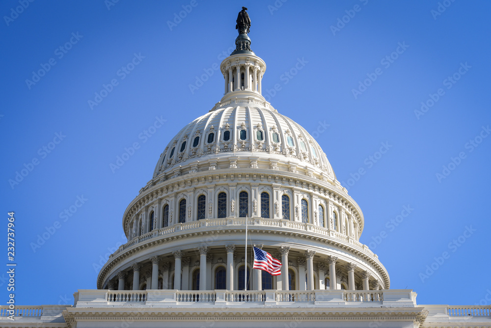 Fototapeta premium US Capitol Building with a flag on a half staff