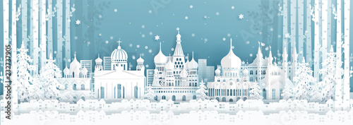 Panorama postcard and travel poster of world famous landmarks of Russia in winter season in paper cut style vector illustration