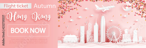 Flight and ticket advertising template with travel to Seoul, South Korea  in autumn season with falling maple leaves and  famous landmarks in paper cut style vector illustration