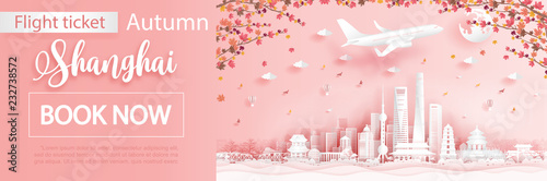 Canvas Print Flight and ticket advertising template with travel to Shanghai,China  in autumn