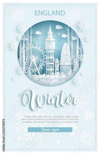 Winter in London, England for travel and tour advertising concept with world famous landmark in paper cut style vector illustration.