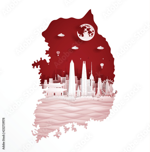 South Korea map with world famous landmark in paper cut style vector illustration