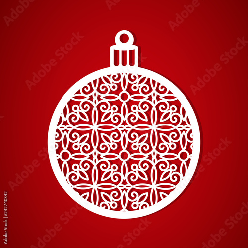 Openwork Christmas ball. Decorating the Christmas tree for laser cutting  plotting cutting  printing. Vector image on a red background.