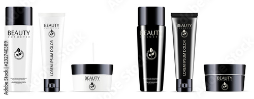 Cosmetic bottle and cream jar cream tube set glossy white and black mockup. Realistic vector illustration.