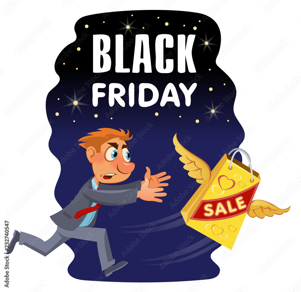 Black friday sale banner. Man trying to catch shopping bag.
