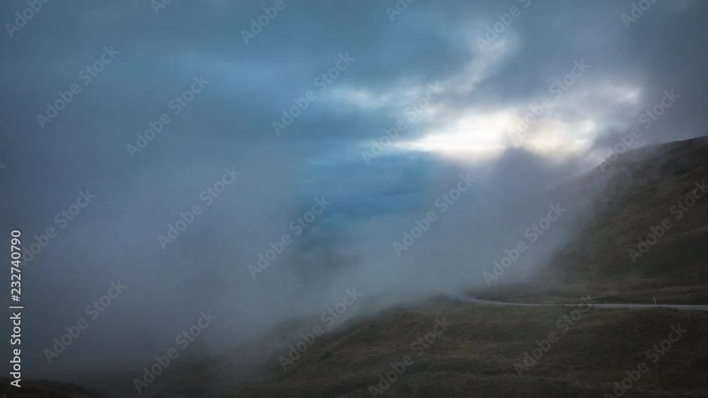 Timelapse video of fog and clouds covering the landscape of Cardrona in New Zealand. Timelapse video of fog and clouds covering the landscape of Cardrona in New Zealand.