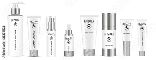 Set of white vector cosmetic bottle blank templates, plastic containers bottles with spray, dispenser and dropper, cream tube. Realistic 3d mock-up of cosmetics package.