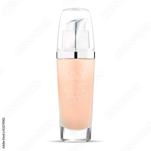 Cosmetic base glass bottle. Vector design of cosmetic package. Advertising of tonal cream, concealer, base. Nutritious cream, gel, body lotion with protein of silk.