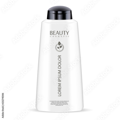 White cosmetic bottle for shower gel, lotion, conditioner. Luxury product. Vector mockup of body cosmetics packaging. Sample logo and label in it.