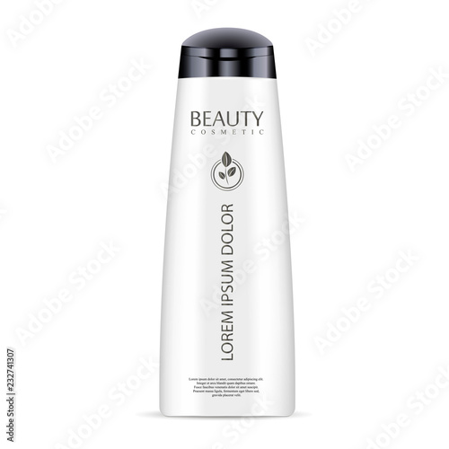 White cosmetic bottle for shampoo, shower gel. Luxury cosmetics product with label and sample logo. Vector mockup illustration.