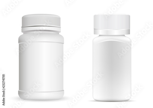 Pills bottles. White round and square medical container for drugs, diet, nutritional supplements. Vector illustration isolated on white background.