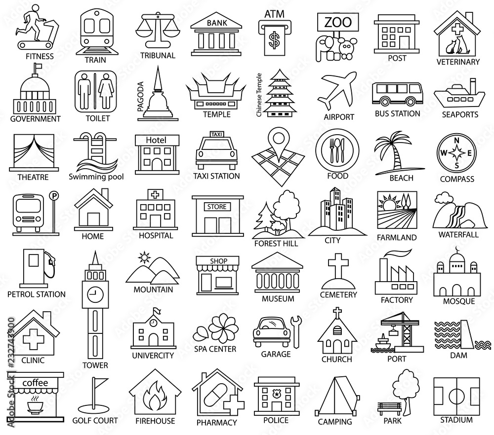 place map symbol icon set, vector outline