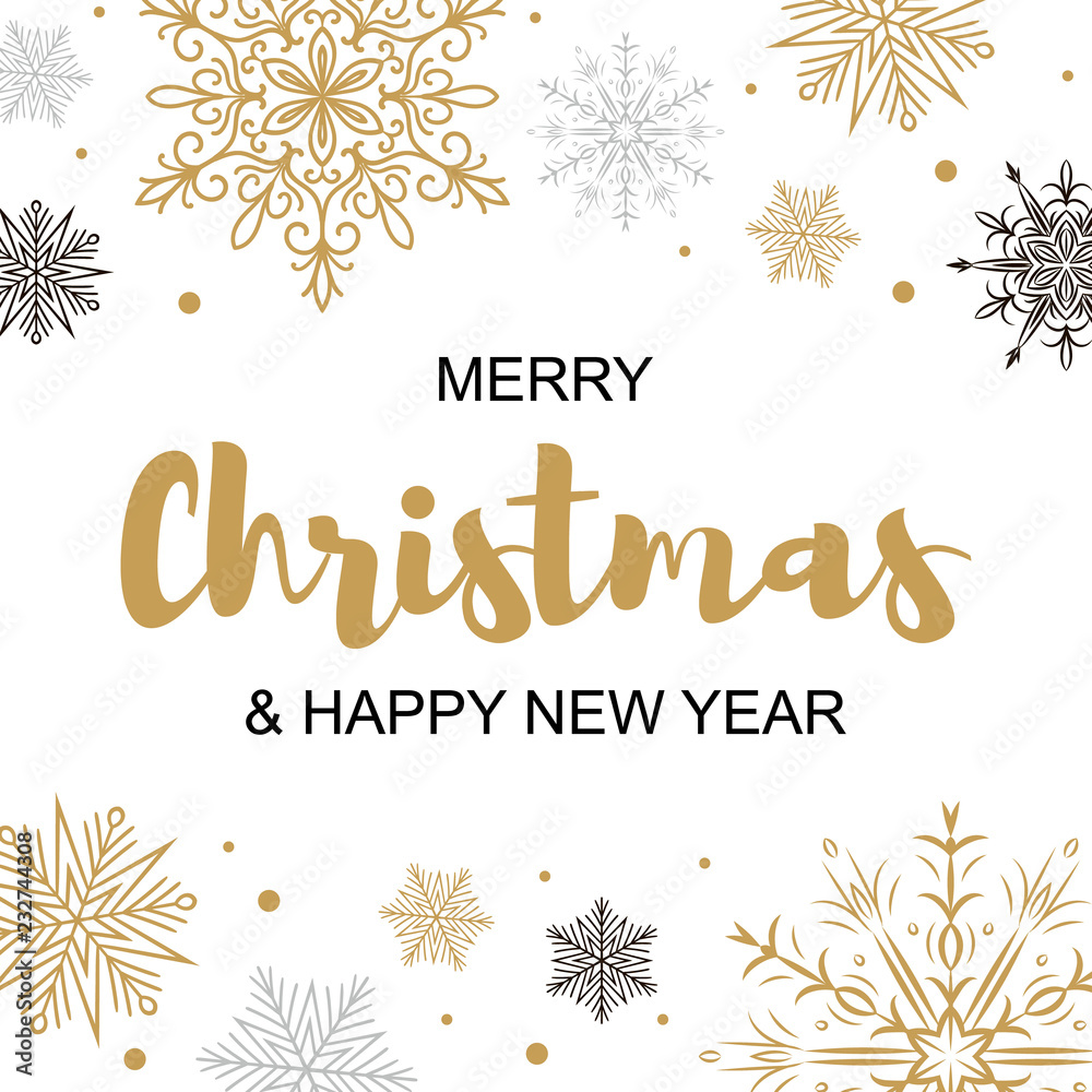 Square Merry Christmas and Happy New Year greeting card with beautiful golden and black snowflakes. Christmas design for banners, posters, massages, announcements. Space for text