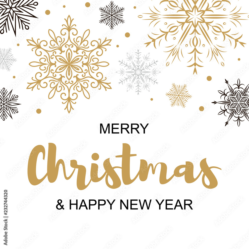 Square Merry Christmas and Happy New Year greeting card with beautiful golden and black snowflakes. Christmas design for banners, posters, massages, announcements. Space for text Square Merry Christmas and Happy New Year greeting card with beautiful golden and black snowflakes. Christmas design for banners, posters, massages, announcements. Space for text