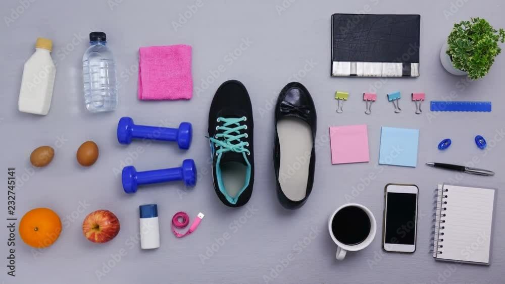 shoes stop motion - close up of objects for exercise and office working on gray background. fitness healthy lifestyle and business shoes stop motion - close up of objects for exercise and office working on gray background. fitness healthy lifestyle and business