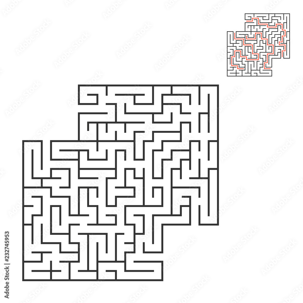 Abstract square maze. Game for kids. Puzzle for children. Labyrinth conundrum. Flat vector illustration isolated on white background. With answer. With place for your image.