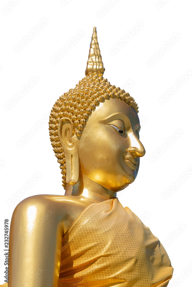 Golden Buddha Buddhism on a white background or wallpaper.