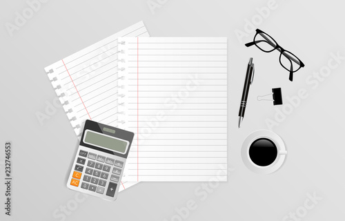 Blank note paper with calculator, eyeglasses, coffee cup and pen on gray background, Top view. Vector illustration