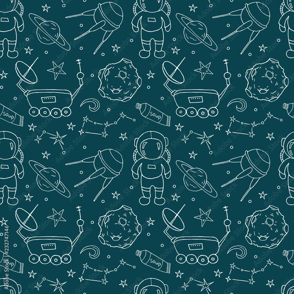Fototapeta Seamless pattern with hand drawn different space objects.
