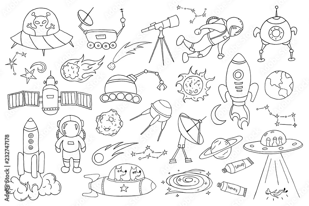 Set of different space objects. Hand drawn sketch. Set of different space objects. Hand drawn sketch.