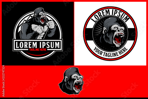 angry and aggressive gorilla or silverback animal cartoon character vector badge logo template collection