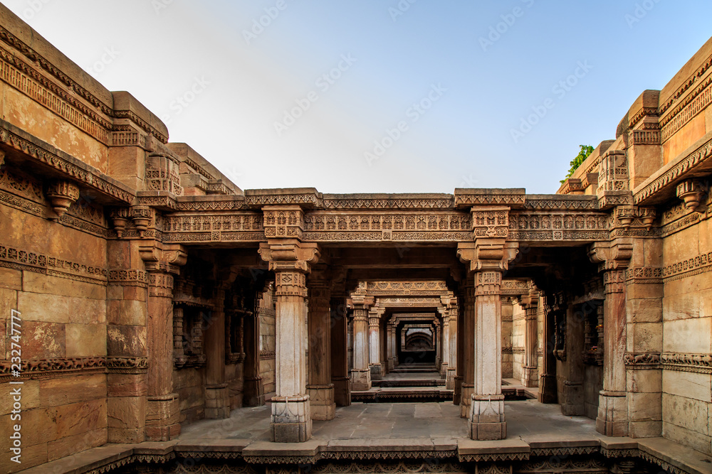 Inner view of Adalaj Ni Vav (Stepwell) or Rudabai Stepwell. Built in 1498 by Rana Veer Singh is five stories deep. Ahmedabad, Gujarat, India