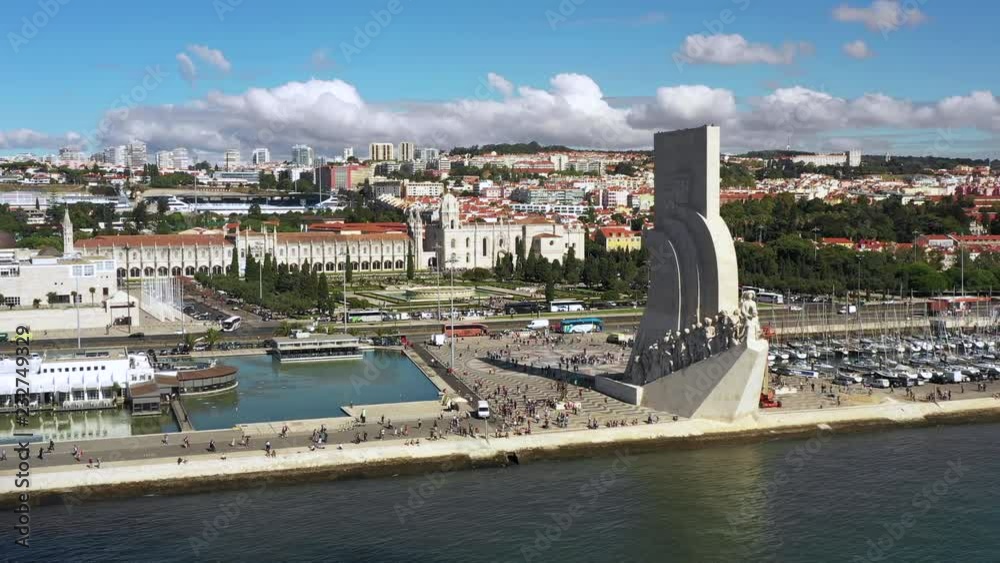Aerial view of Balem district waterfront with padrao dos descobrimentos in Lisbon Portugal