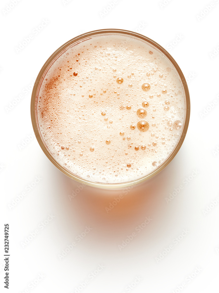 top view of glass of beer with forth isolated on white background top view of glass of beer with forth isolated on white background