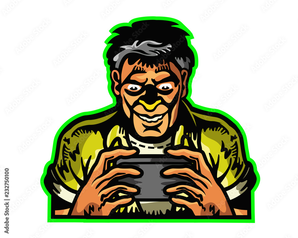Man Addicted to Mobile Game Cartoon Mascot Logo Badge Character Man Addicted to Mobile Game Cartoon Mascot Logo Badge Character