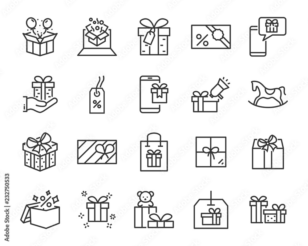 set of gift box line icons, christmas and happy new year gift