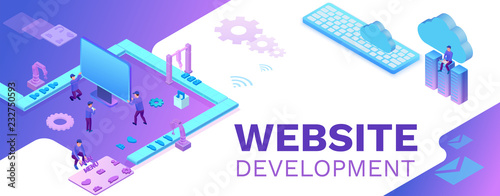 Web development 3d isometric concept, software management vector illustration with developer at conveyor building website, trendy violet background, landing page template