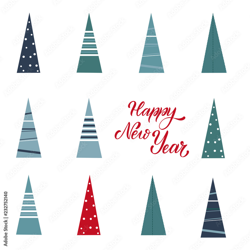 Merry Christmas and Happy New Year Postcard. Hand drawn lettering. Winter forest. Elements for greeting card, poster, banners. T-shirt, notebook and sticker design Merry Christmas and Happy New Year Postcard. Hand drawn lettering. Winter forest. Elements for greeting card, poster, banners. T-shirt, notebook and sticker design