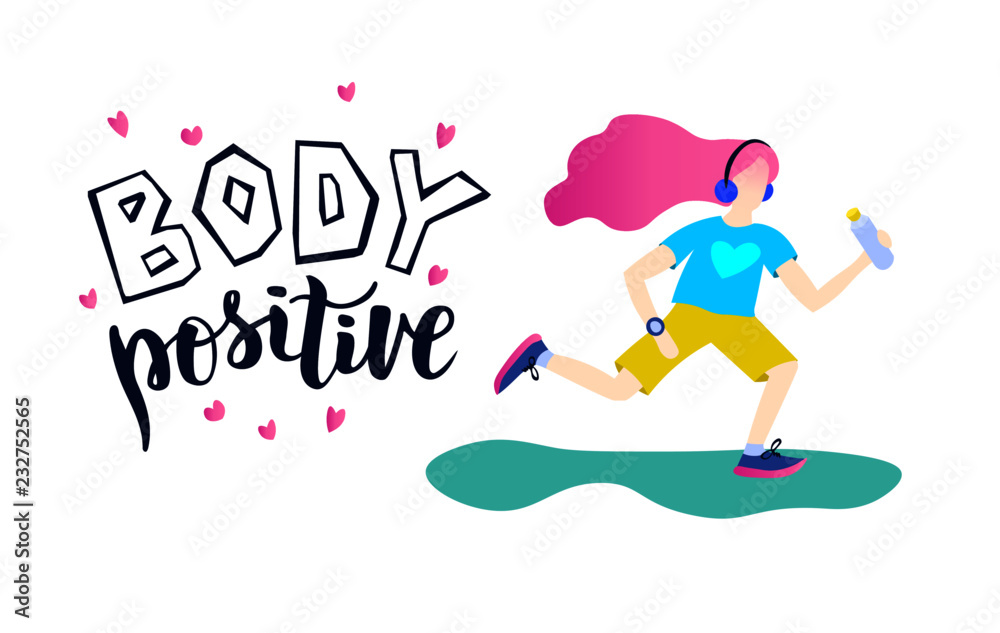 Hand sketched Body positive text with cute girl. Good for cards, print, poster, greetings, etc. Lettering typography. Vector illustration.