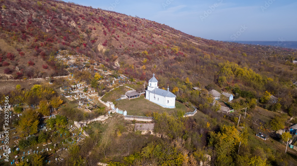 Aerial view of the camera over the Orthodox Church.