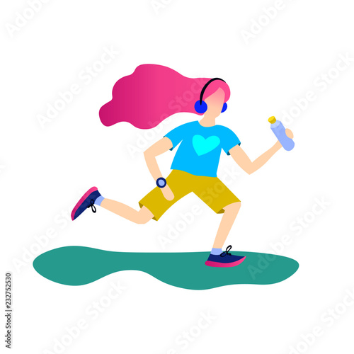 Girl running with bottle in flat style design. Vector illustration. Long hair. Good for cards. poster, banner, print, motivation  sport design.