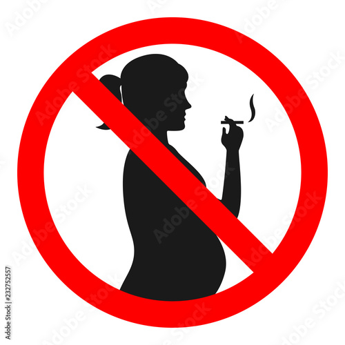 NO SMOKING sign concept. Crossed silhouette of smoking pregnant woman. Vector.