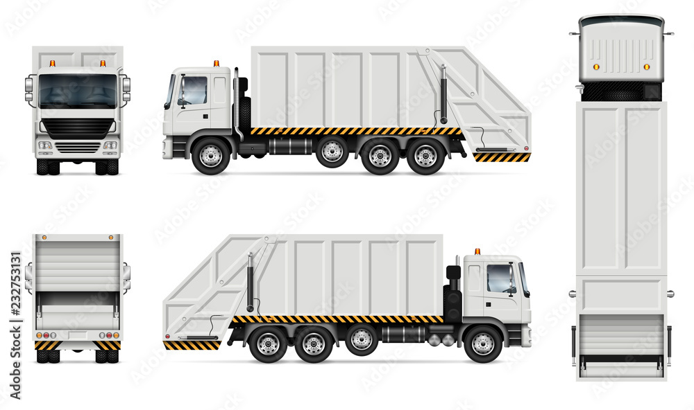 Realistic white garbage truck vector mockup. Isolated template of dump  lorry on white background for vehicle branding, corporate identity. View  from right side, easy to editing and recolor. Stock Vector | Adobe