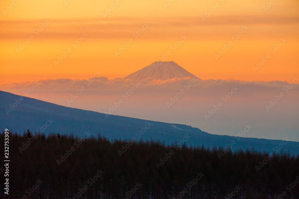 長野県　霧ヶ峰から見た富士山の朝焼け