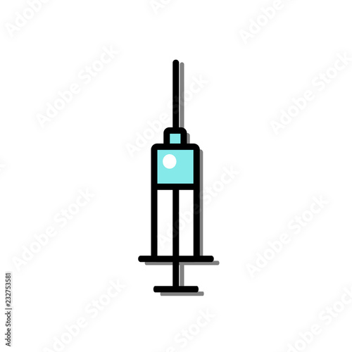 Vector illustration flat icon of syringe for injecion. Black outline, white background