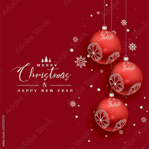 beautiful christmas balls snowflakes red greeting background