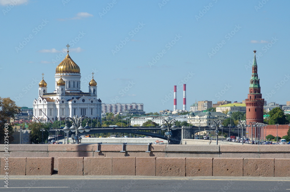 Summer view of the Cathedral of Christ the Saviour and the Big Stone bridge from the Big Moskvoretsky bridge, Moscow, Russia