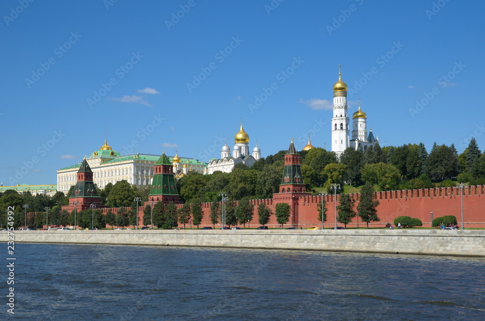Beautiful summer view of the Moscow Kremlin and the Kremlin embankment, Moscow, Russia