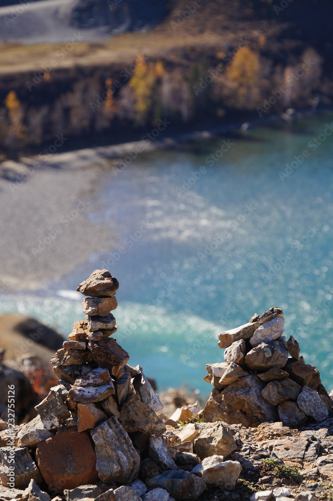 Stone pyramids at Confluence of Chuya and Katun rivers,Altai, Russia. Stone pyramids at Confluence of Chuya and Katun rivers,Altai, Russia.
