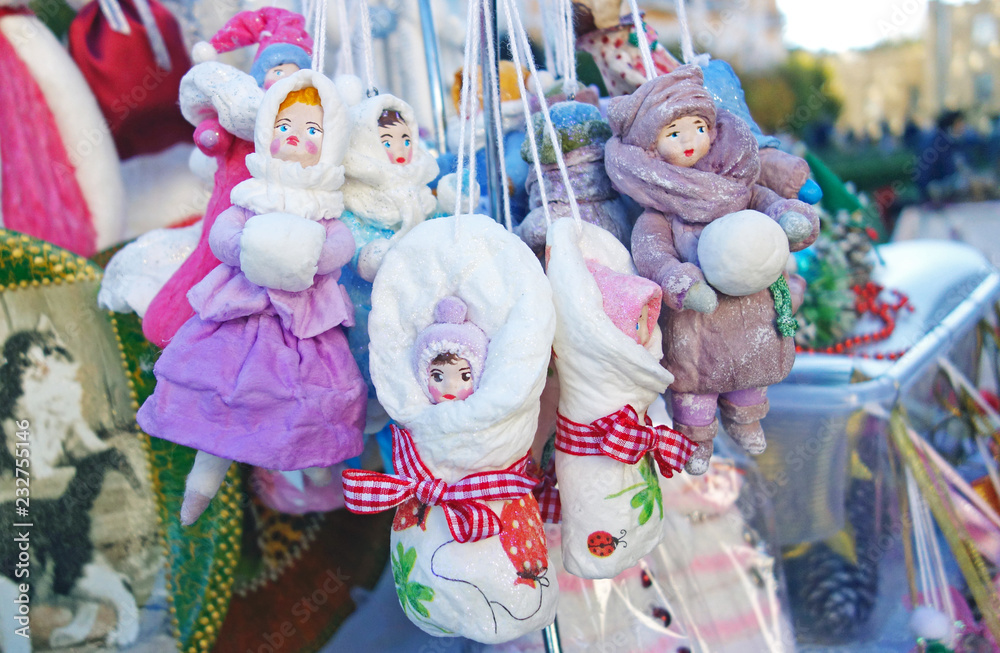 Vintage Christmas toy from Russia. Dolls made of cotton and textiles. Christmas decorations