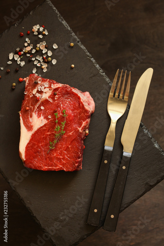 beef steak Grilled with spices (piece of meat). Top view with copy space