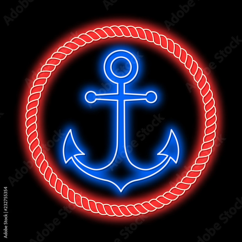 Neon anchor in a rope frame. Blue anchor in red frame on a black background. Isolated In the style of the old school tattoo. Vector illustration.